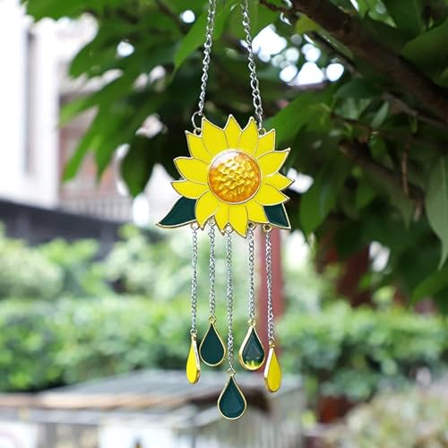 Sunflower Wind Chimes Ornaments, Stained Glass Dripping Sunflower Pendant Window Hanging Panel Decoration with Chain, Flower Wind Chimes Art Decorations for Garden Patio Decor - Image 3