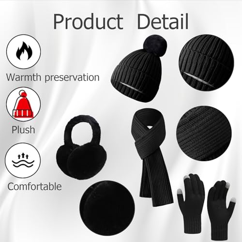 4 Pcs Winter Hat Ear Muffs Scarf and Gloves Set, Knitted Beanie & Touchscreen Gloves for Women Men, Warmers Suitable for Winters Cold Weather, Travel, Skiing,Cosplay, Party Clothing Accessories3