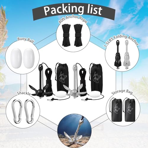 Image of Lounsweer 2 Pack 1.5 /3.5 lb Marine Kayak Anchor Kit Folding Grapnel Anchor Kit Boat Kayak Fishing Accessories for Small Boats Kayaks Canoe Paddle Boards