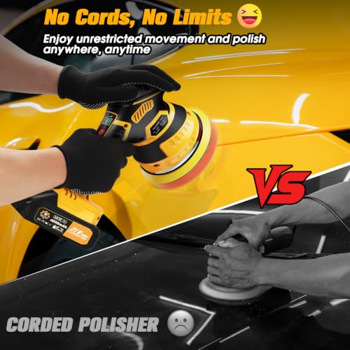 Image of Cordless Car Buffer Polisher kit, DA Polisher with 2 Batteries | 2x 21V 4000mAh Batteries, 6-speed, LED Display, Random Orbital, 18 pcs Assorted Polishing Pads for Car Detailing-Yellow