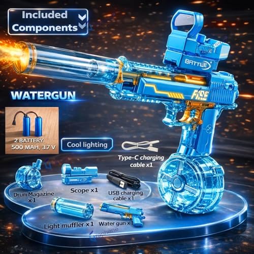 Image of GRAPHENE Automatic Electric Water Gun Toy Holi Pichkari with 2 Rechargeable Battery High Pressure Muzzle Flash Fire Cap 32FT Long-Range Blaster Squirt Watergun for Kids Boy Girl Adult Pool Summer Fun