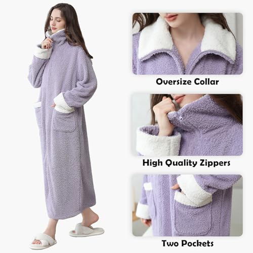 Oksun Womens Long Zipper Robe: Full Length Soft Fleece Warm Bathrobe - Cozy Fuzzy Winter Housecoat Plus Size4