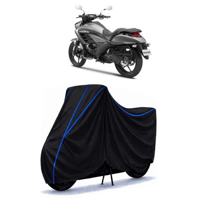 Image of Suzuki Intruder 155 Bike Cover Water Resistant Universal Motorcycle Rain | Heavy Duty UV Protection, Dust, Scratch Indoor Outdoor All Weather with Black Blue Piping Elastic