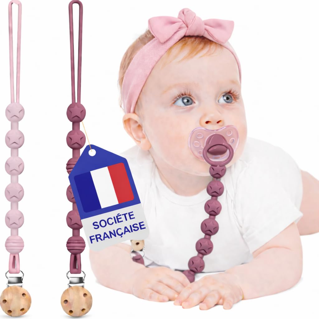 Attache Tetine (2 Couleurs) Attache Sucette - Accroche Tétine Bebe - Lot De 2 Accroches -Tétines En Silicone De Haute Qualité (Rose foncé/Rose clair)
