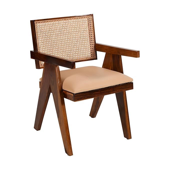 Image of Wooden Arm Chair with Cushion and Cane Back Support Chair || Wooden Armchair Furniture Garden Outdoor & Indoor Home & Office Chair Living Room Furniture || Dining Chair Set Off 2 || Brown Honey