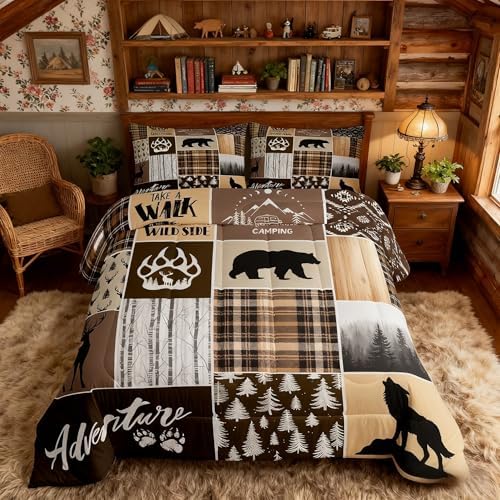 Manfei Rustic Farmhouse Kids Comforter Set Twin Size,Deer Antlers Bear Paws Plaids Patchwork Bedding for Boys Girls Adults Room Decor,Pine Trees Xmas Down Comforter,Brown Duvet Insert,1 Pillowcase — view 3