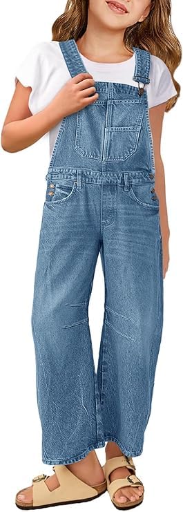 Haloumoning Denim Jumpsuit Mädchen Jeans Latzhose Kinder Ärmelloses Lange Hosen Overall Casual Loose Fit Strampler mit Taschen, Azurblau, 11-12 Jahre