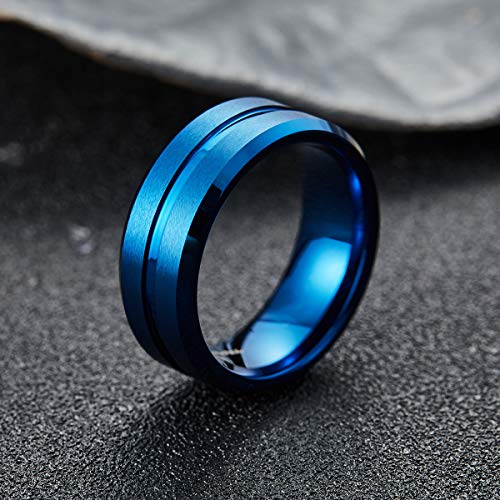 King Will 8Mm Basic Wedding Ring For Men Blue Electroplated Tungsten Ring With A Thin Polished Center Inlay Design Brushed Matte Surface Smooth Beveled Edge Comfort Fit 9 #TOP1