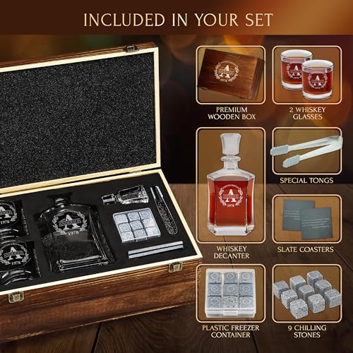 Personalized Whiskey Decanter and Stones Set - Customized Gift for Him - Men, Dad, Father - Engraved Old Fashioned Decanter, Glasses, 9 Granite Stones in Container, Coasters, Tongs in Wooden Gift Box - Image 4