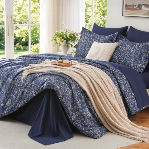MUXHOMO Queen Comforter Set, 7-Piece Floral Bed in a Bag, Navy Blue