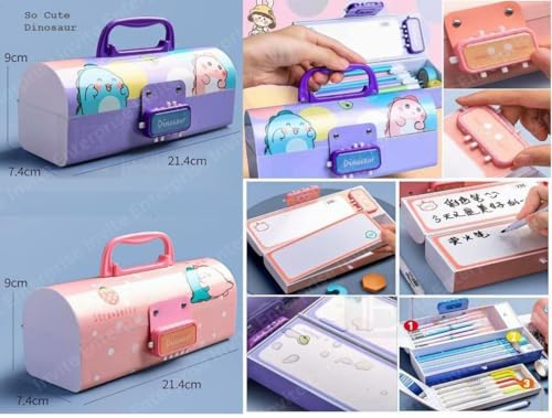 Image of WORSHIPER New Cartoon Theme Pencil Box with Push Pull Eraser Set for Kids | Suitcase Style Password Lock Stationery Organizer | School Supplies Gift Combo for Boys & Girls (Dino Purple + Eraser)