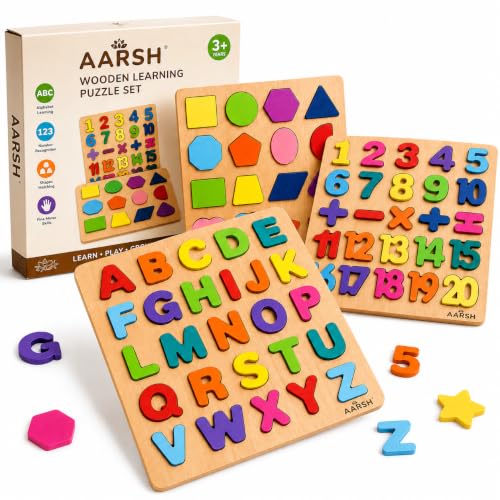Image of 3 in 1 Wooden Educational Puzzle Board Toddler | ABCD Alphabet Number Shape Learning Toy | Kids 1-3 Years Montessori Skill Builder | Early Education Gift | Toddler Learning Activity | Multicolor