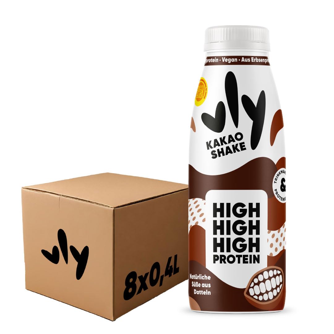 vly Kakao Shake - 2in1 Trinkmahlzeit & Proteinshake vegan | 20g Protein, 28 Vitamine & Nährstoffe, 10,4g Ballaststoffe | Zuckerfrei Laktosefrei | Nachhaltiger Kakao Eiweiß Proteindrink - 8x400ml
