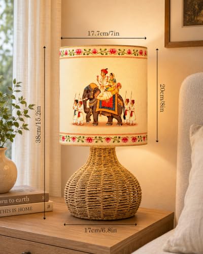 Image of Homesake Handwoven Rattan Table Lamp with Rajasthani Art Printed Fabric Shade, Decorative Raffia Spinning Bedside Lamp, Boho Table Lamp with E27 Holder, Living Room, Bedroom & Home Decor