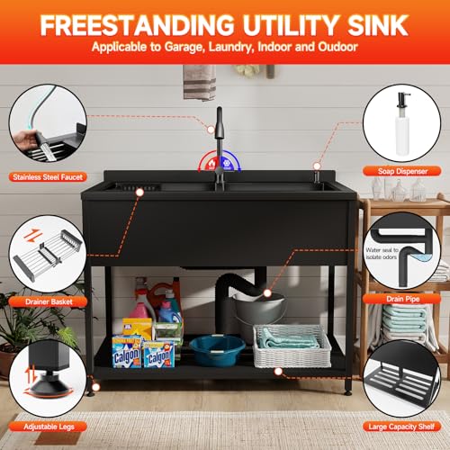 Image of Stainless Steel Utility Sink,47.6 inch x 24.1 inch x 36.6 inch,2 Compartment Sink Freestanding Commercial Sink,with Cold and Hot Water Faucet,Hoses and Drain Kit,Freestanding Sink for Kitchens, Bathrooms, Garage