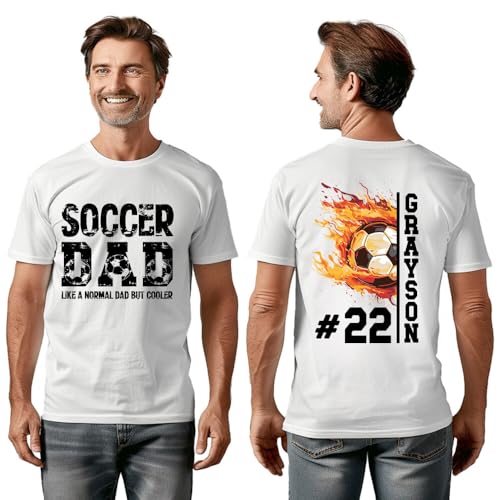 Personalized Soccer Dad Shirt with Fire – White Shirts Soccer Dad for Men - Front and Back Dad Soccer Shirts for Men Soccer Dad Gifts - Soccer Dad Shirts Men – Custom Name and Number4