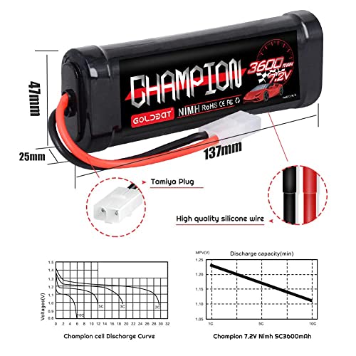GOLDBAT 7.2V NiMH Battery 3600mAh 7.2V RC NiMH Battery with Tami ya Plug for RC Car RC Boat RC Truck Tami ya Associated Remote Control Models 2packs - Image 5