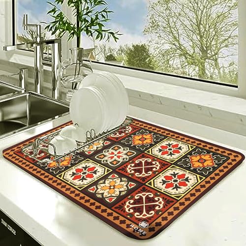 Image of HomeCloud Dish Drying Mat for Kitchen Counter - Super Absorbent, Non-Slip & Heat-Resistant - Quick Dry Rack Pad for Dishes, Utensils, Coffee Maker - Stain-Hiding Design (Coffee)