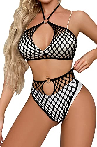 Aranmei Women's Fishnet Lingerie Set One Size Halter Mesh Lingerie Two Piece Bra and Panty Sets...