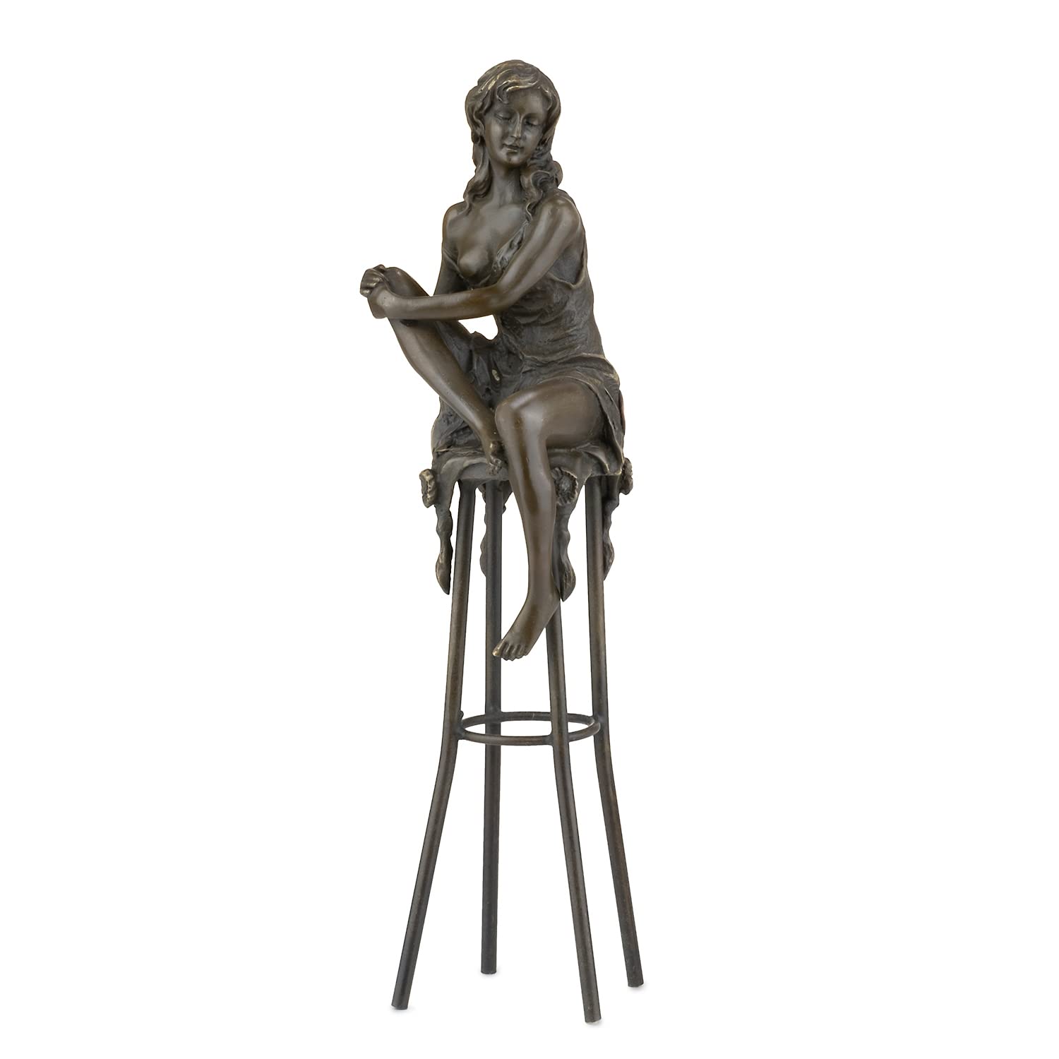 Moritz Bronze Frau auf Barhocker aufrecht 27,5 cm Akt Skulptur Deko Statue | Massive Handarbeit, sitzende Dame mit übereinandergeschlagenen Beinen, Frauenfigur, Wohndeko und Geschenk für Sie
