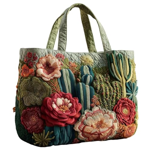 Lustige Gesteppte Einkaufstasche For Frauen, Stickerei-Patchwork-Taschen Mit Tier-Farm-Thema, Wiederverwendbare Einkaufstasche Mit Muster For Frauen(G-7,H34xL40CM)