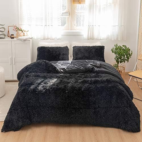 Smoofy Faux Fur Comforter Set Queen 3Pcs Shaggy Plush Velvet Comforter Soft Fluffy Fuzzy Double-Sided Bedding Luxury Furry Flannel, Black Queen 1 Comforter 2 Pillowcases