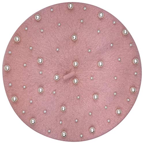 Minakolife Womens French Artist Solid 100% Wool Beret Hats With Full Pearl (Pink) #TOP8