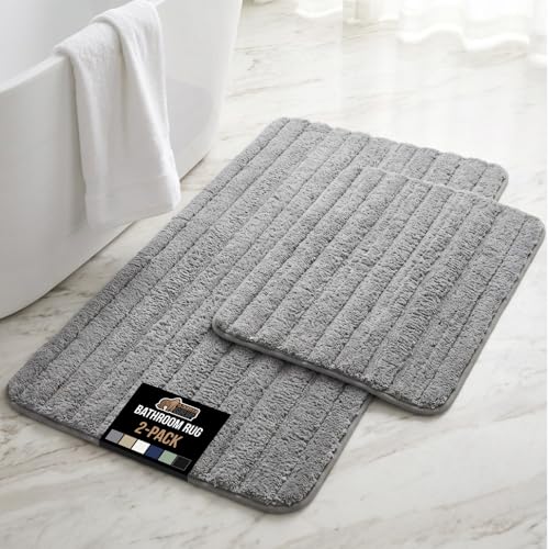 Image of GORILLA GRIP Memory Foam Bathroom Rugs, Soft Absorbent Textured Rubber Backing Striped Bath Mat, Set of 2 Machine Washable Quick Dry Floor Mats, Shower Rugs Home Accessories, Grey 24x16 and 30x18