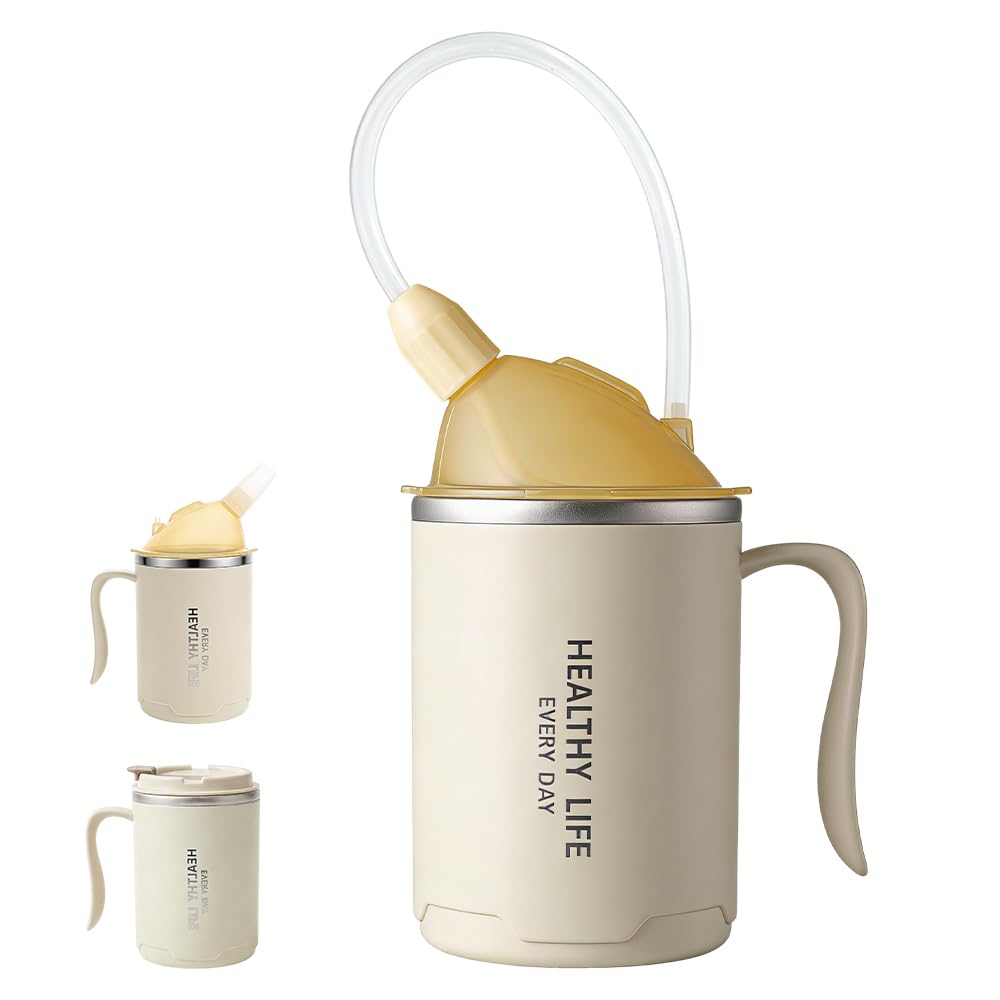 Kubek z ustnikiem dla seniorów, 3 w 1 400 ml Kubek ze słomką 30 cm i pokrywką z uchwytem, niekapiące kubki dla dorosłych, seniorów, pacjentów, rekonwalescencji, biały