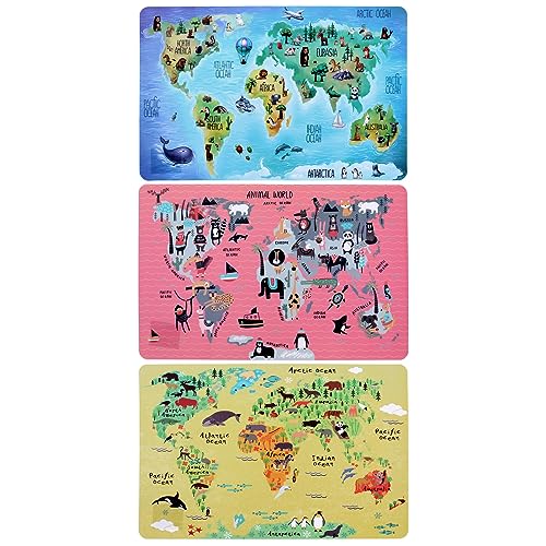 World Map Placemats Set of 3 Kids Educational Animal Geography Place Mats for Kid Children’s Table Plastic Fun Toddlers Boys Girls Kitchen Dining Dinner Meal Table Mats Wipeable Waterproof