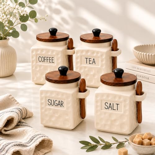 Image of The Deluxe Creations Ceramic Tea Coffee Sugar Salt Jars Set with Wooden Lid & Spoon | Premium Kitchen Storage Canisters | Airtight Containers | 500 ML Each | Set of 4