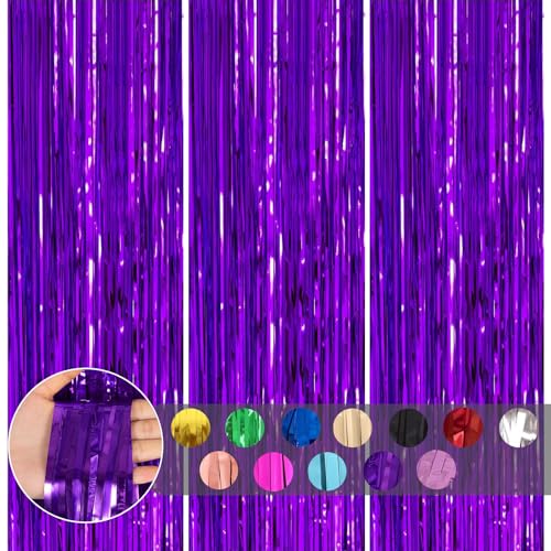 3pcs Glitter Purple Metallic Tinsel Curtains Foil Curtain Decoration,1*2m Foil Door Curtain,Shimmer Fringe Curtains Party Backdrop for Girls Unicorn Mermaid Fairy Princess Birthday Party Decorations