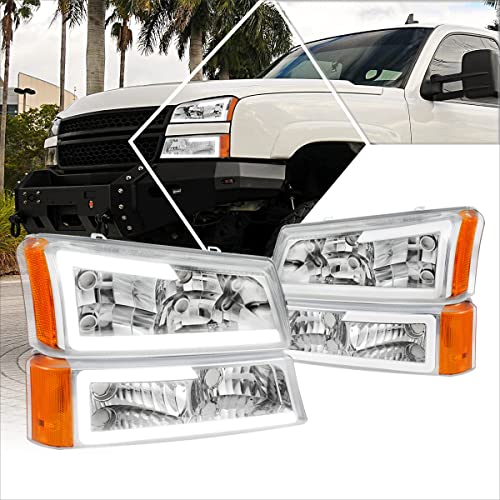PM PERFORMOTOR [Chrome Housing/Amber Lens] LED DRL Headlights Assembly w/Bumper Lamps Compatible with Chevy Silverado Avalanche 03-07