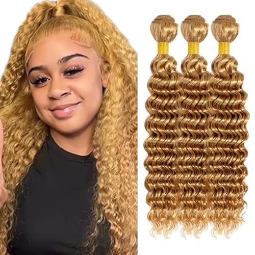 Extensiones de cabello humano brasileño ondulado rubio miel #27, 3 paquetes de 32 pulgadas
