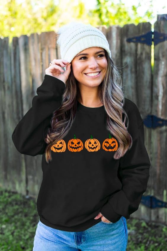 Halloween Sweatshirt for Women Pumpkin Face Pullover Fall Season Long Sleeve Thanksgiving Graphic Sweater Top - Image 2