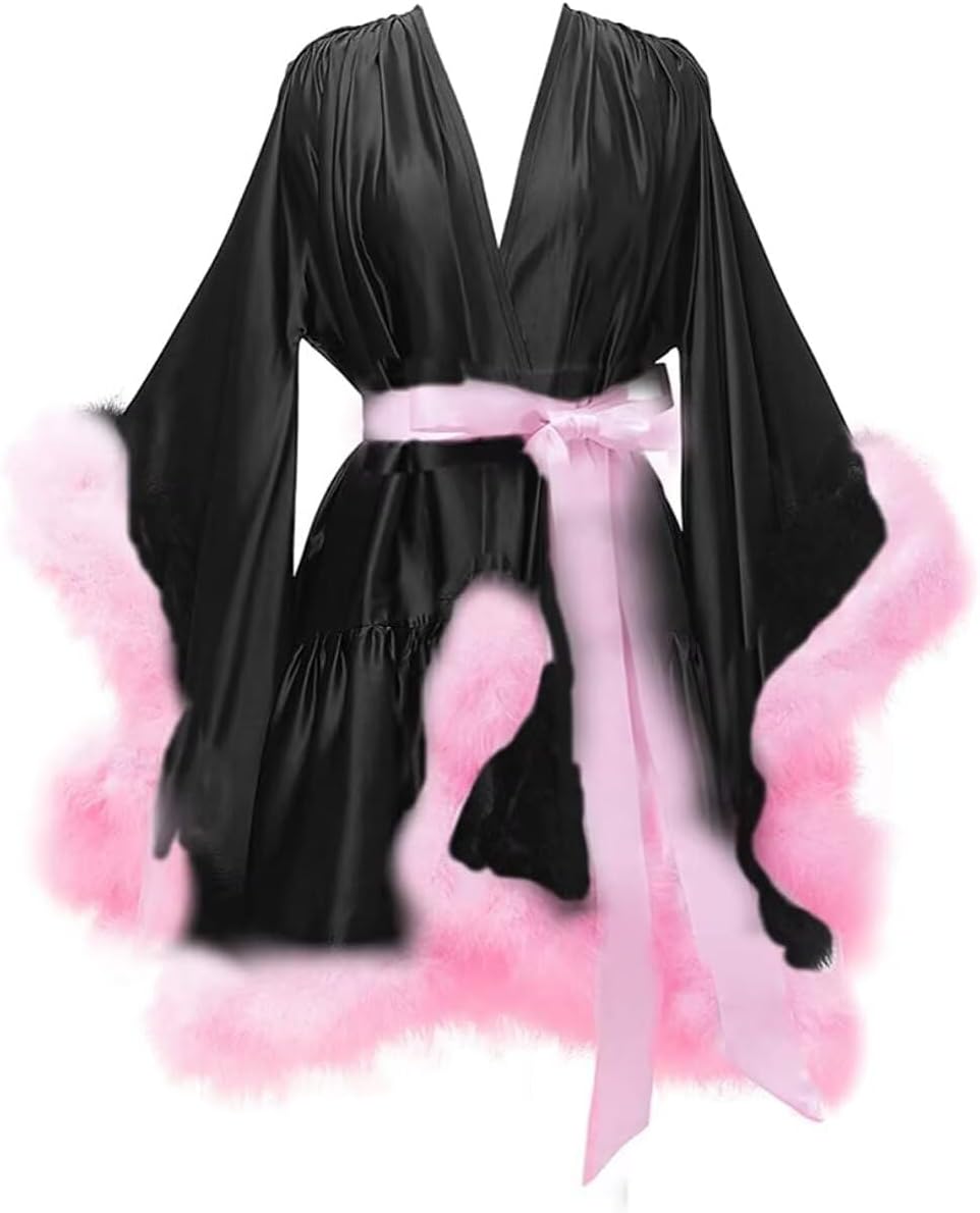 Women's Feather Robe Silk Satin Bridal Dressing Gowns Short Nightgown