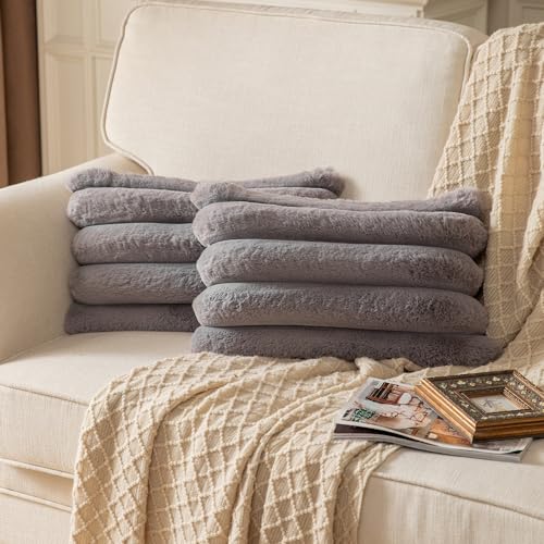 YAERTUN Set of 2 Grey Striped Decorative Cushion Covers 12x20 Inch 30x50 cm Plush Soft Throw Pillow Case with Velvet Back Faux Rabbit Fur Pillow Covers Sofa Couch Bed Livingroom