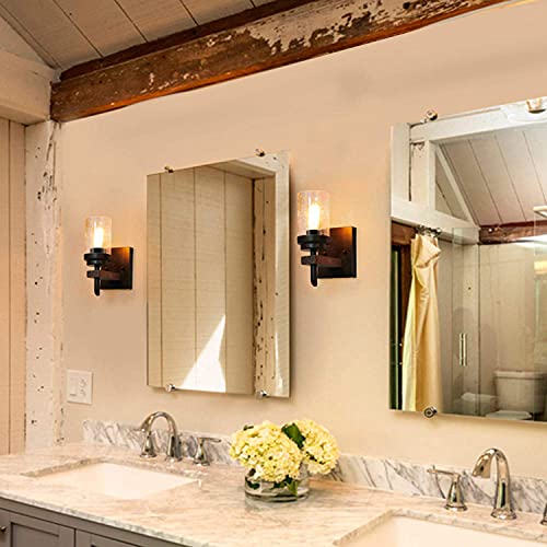 Eumyviv Rustic Wall Light Sconce With Seeded Glass Shade, Vintage Edison Metal Wood Wall Lamp Fixture For Entryway Bedroom Bathroom Living Room Bar (2 Packs) W0076 #TOP2