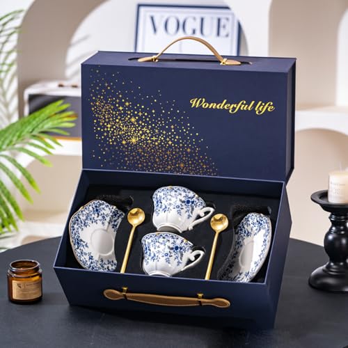 250ml Tea Cup and Saucer Set, 8oz Floral Blue Porcelain Coffee Cups for Tea, Cappuccino, Latte, Elegant Vintage Bone China Tea Set, Gift Box