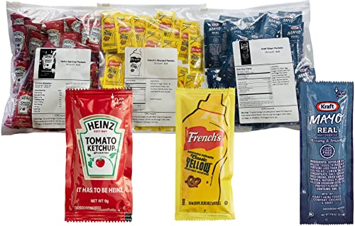 150 Total Packets / 50 Count Of Each - Heinz Ketchup, French's Mustard, & Kraft Real Mayo - Condiment Packs In Slide Seal Bag #TOP30
