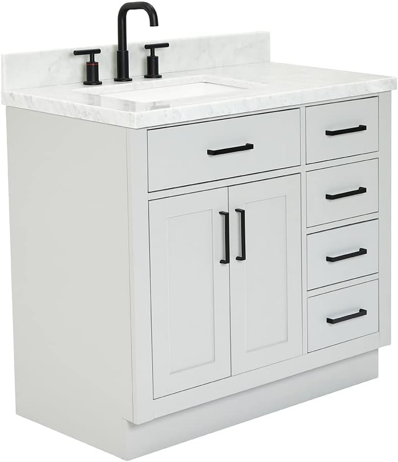 ARIEL Hepburn 36-inch Bathroom Vanity with Sink,Solid Wood, 1.5-inch Italian Carrara Marble Countertop, Single Rectangular Porcelain Sink, 2 Soft Closing Doors, 5 Dovetail Drawers, Grey
