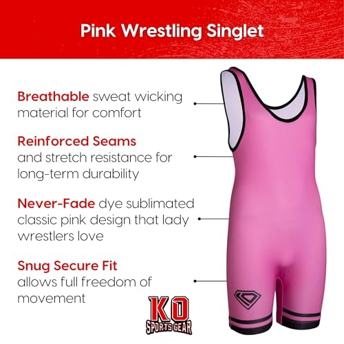 KO Sports Gear Unisex Wrestling Singlet for Adult Wrestlers - Wrestling Singlet for Men & Women - Bold Durable Uniform, Stretchy Breathable Material - Pink, Adult Medium