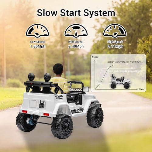 SEHOMY 12V Kids Ride On Truck with Parent Remote, 4 Wheelers Battery Powered Electric Toys Car for Kids - 3 Speed, Spring Suspension, LED Lights, Safety Start, Music, Kids Electric Vehicles White - Thumbnail 6