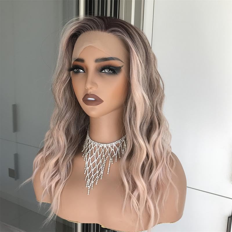Aisom Mila Apricrown Water Wave Free Part Lace Front Wig with Scandinavian Hairline 16 Inch Heat Friendly Synthetic Lace Wig for Womem Low Density Daily Use