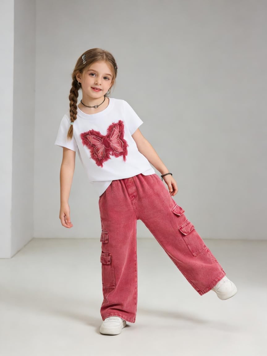 Azmxynol Girls Clothes Toddler Little Girl 2 Piece Spring Summer Outfit T Shirt + Denim Pants Set, Size 3-8 Years