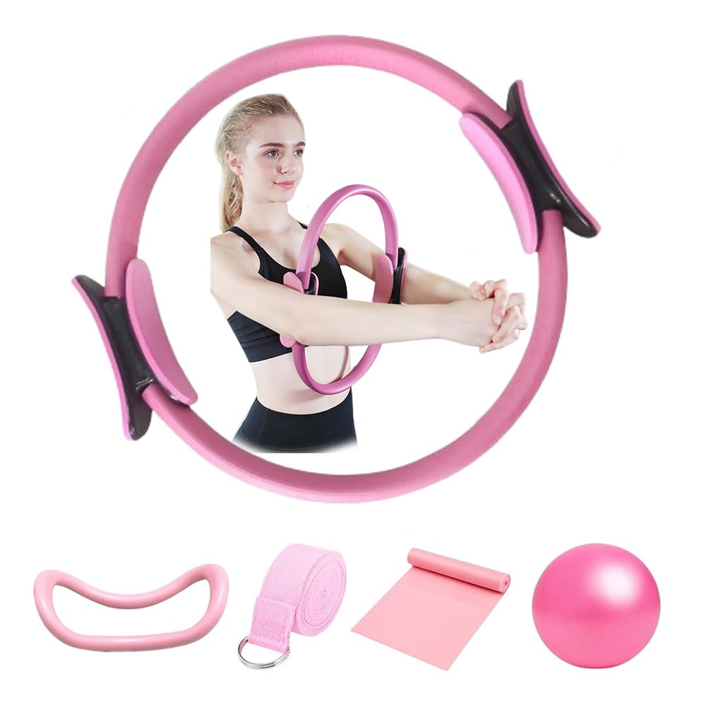 5 Pièces Ensemble D'anneaux de Pilates, Kit Essentiel de Pilates, Pilates Accessoires, Ensemble de bagues de Pilates, pour Les Jambes, Les Bras et Les Cuisses, Perte de Poids, Adultes (Rose)