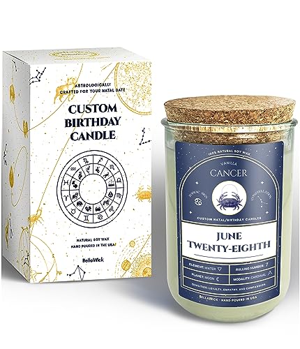 Birthday Candles - Custom Birthdate Astrological Zodiac Scented Candles. Astrology Gifts. All Natural Soy Wax. 75+ Hour Burn Time. Made in USA - June 28