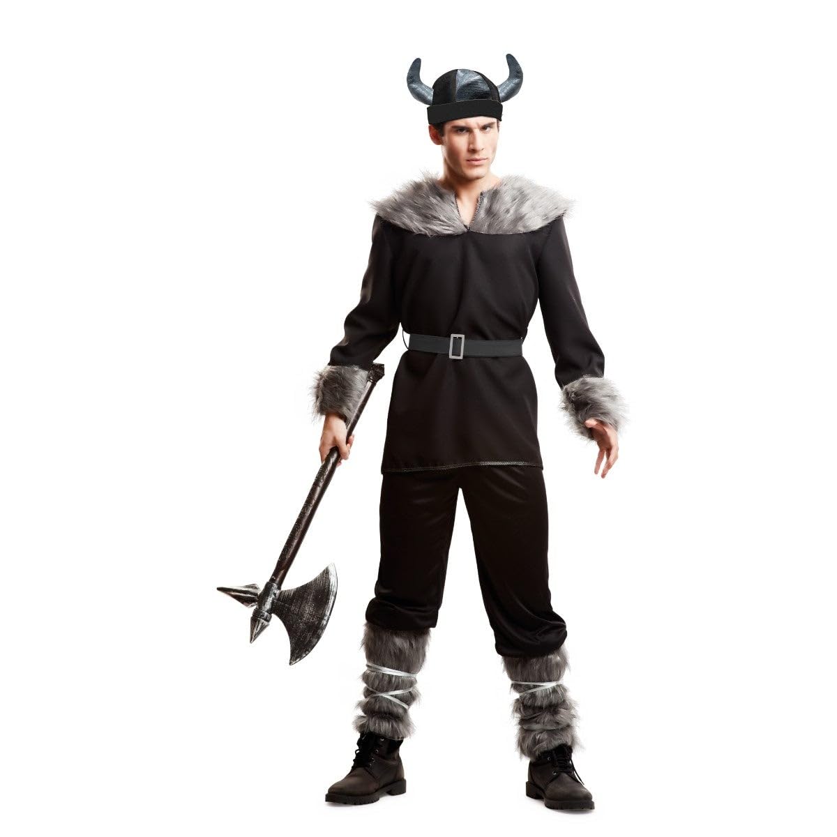 My Other Me - Disfraz Vikingo hombre adulto en negro | Incluye casaca negra y calentadores con detalles de pelo gris, pantalón, cinturón y casco con cuernos