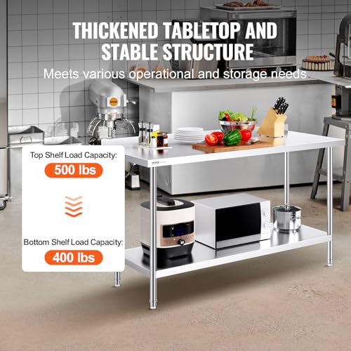 Image of VEVOR 24 x 60 x 36 Inch Stainless Steel Work Table, Commercial Food Prep Worktable Heavy Duty Prep Worktable, Metal Work Table with Adjustable Height for Restaurant, Home and Hotel