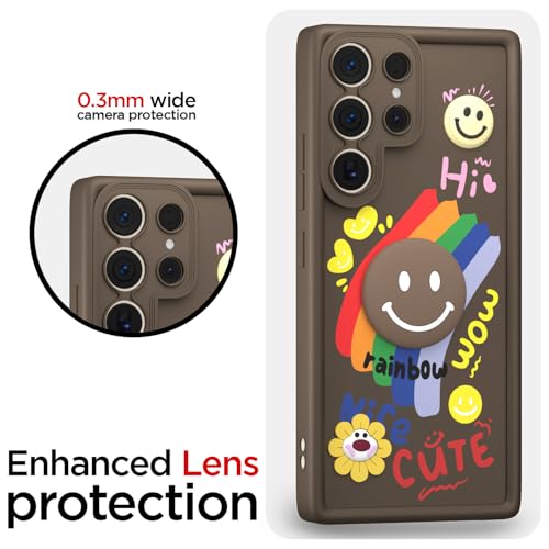 Image of Pikkme Back Cover for Samsung Galaxy S23 Ultra 5G | Soft Silicone| Cute Rainbow Smile & 3D Cartoon Flower Design | Shockproof Raised Camera Protection Bumper Case (Brown)